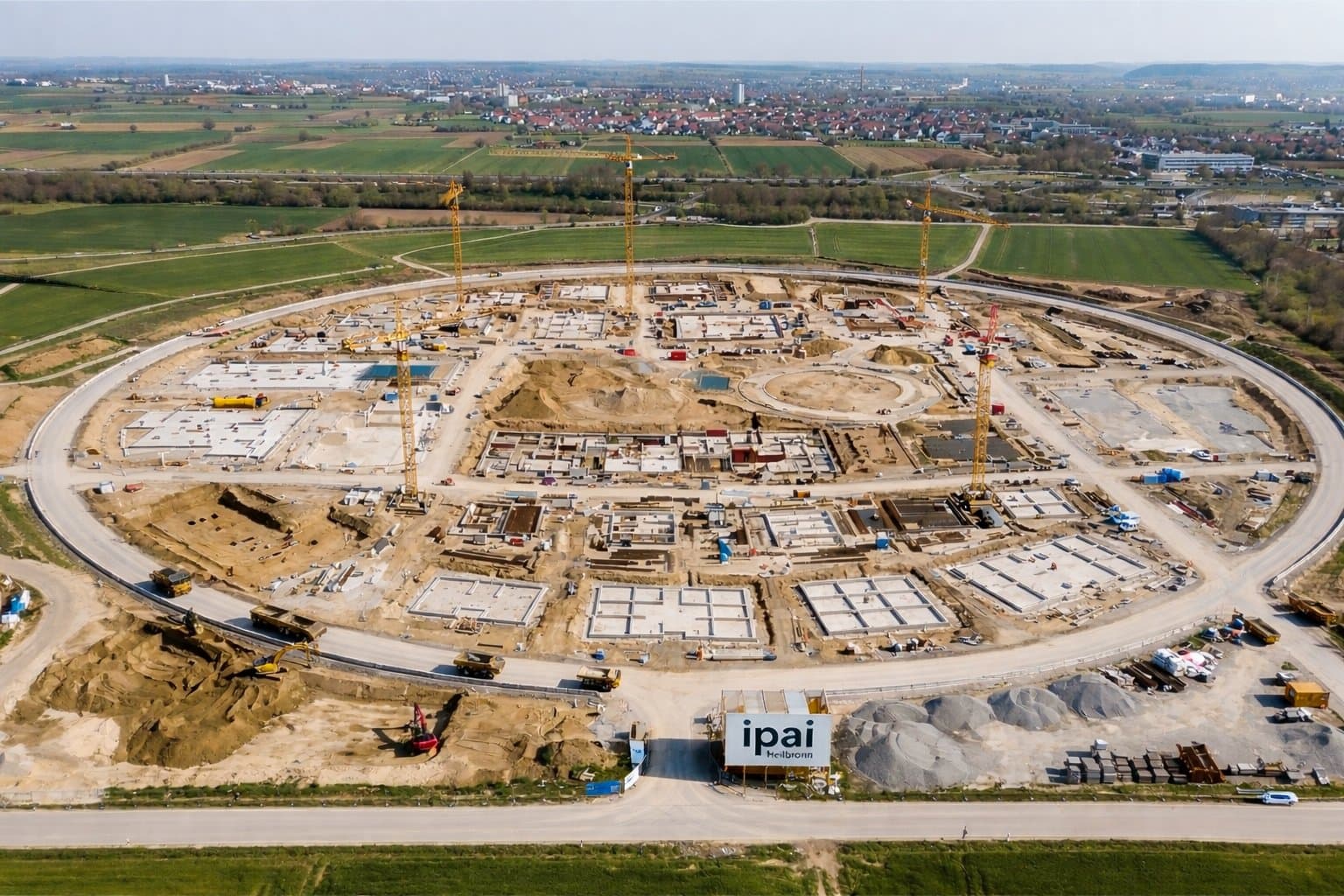 Luftaufnahme der kreisförmigen IPAI-Baustelle in Heilbronn-Steinäcker mit drei Baukränen und ersten Fundamenten im April 2026