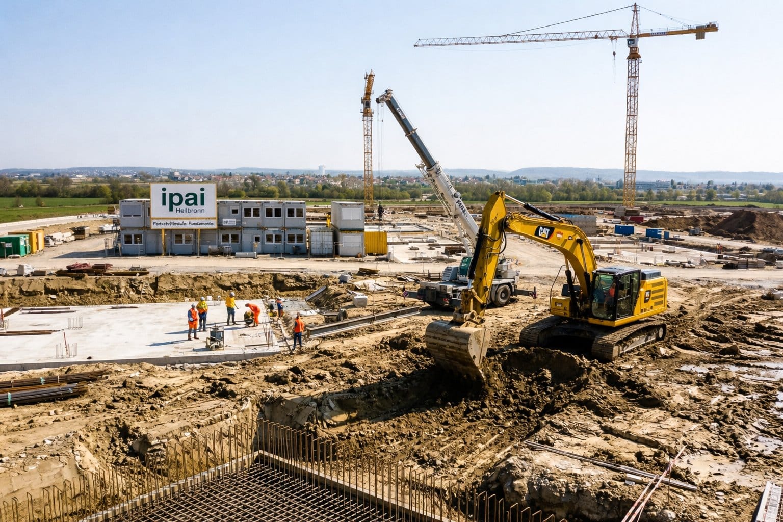 IPAI-Baustelle Heilbronn im April 2026: Arbeiter an den ersten Fundamenten vor dem IPAI-Infostand, im Hintergrund Baukräne und der Stadtteil Steinäcker