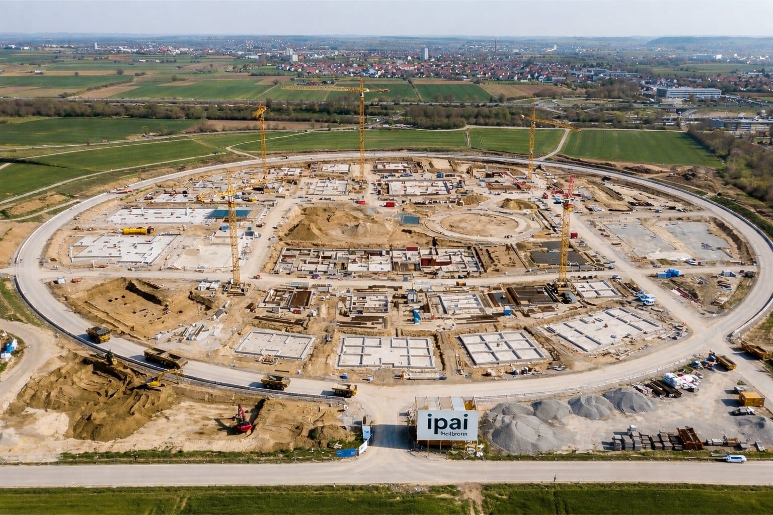 Luftaufnahme der kreisförmigen IPAI-Baustelle in Heilbronn-Steinäcker mit drei Baukränen und ersten Fundamenten im April 2026